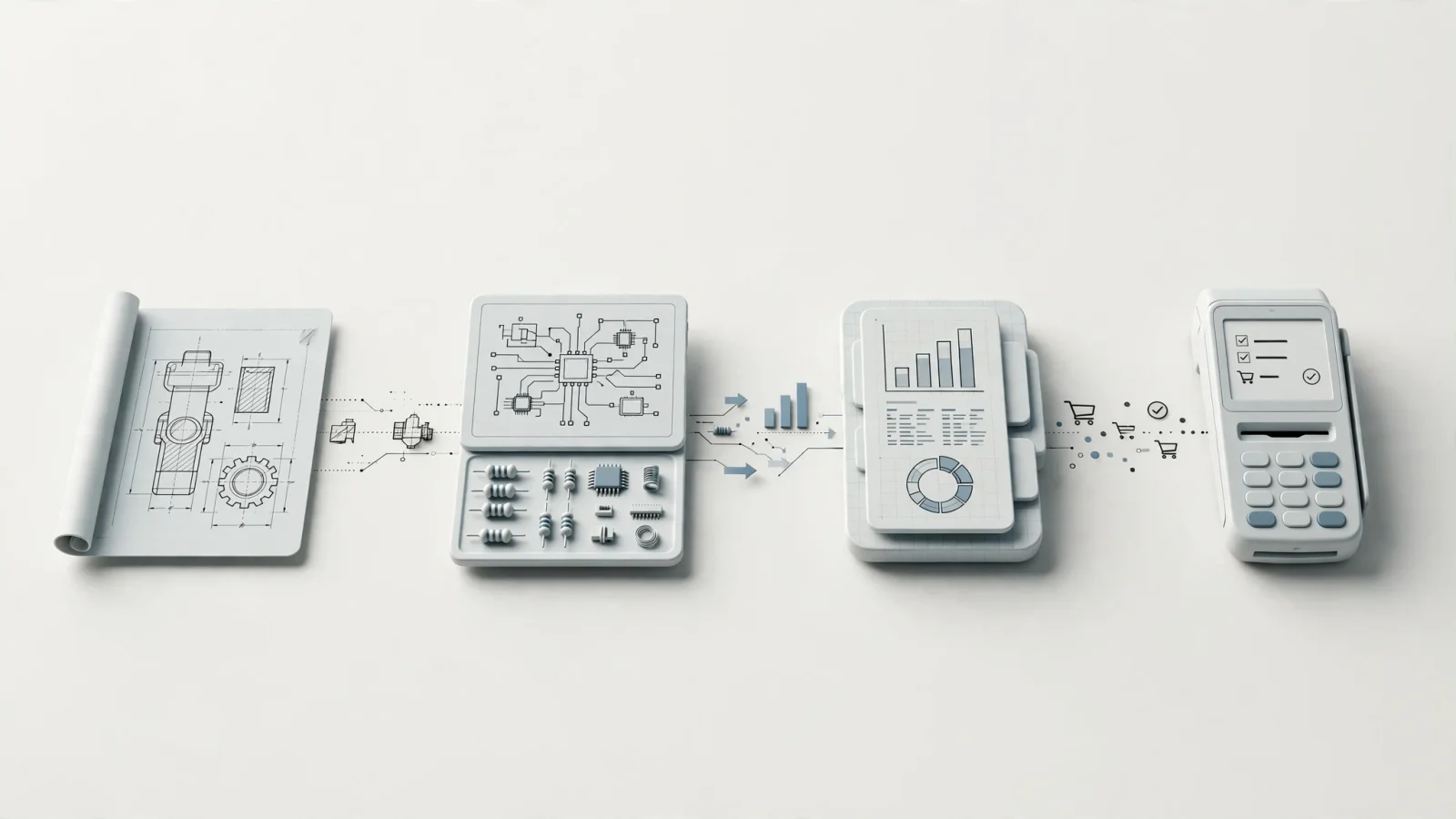 A clean, wide editorial data-flow scene showing engineering drawings, an electronic parts catalog, an ERP system, and a B2B checkout connected by distinct streams for technical content, commercial data, and orders.