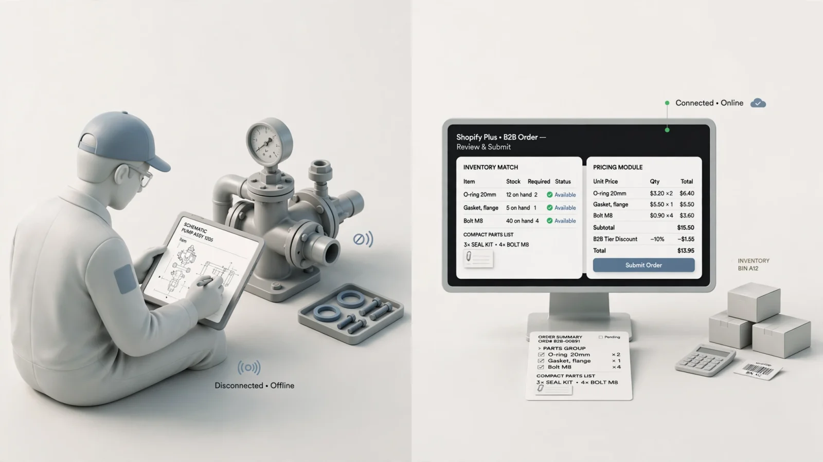 A wide editorial split-scene showing a field-service technician using a downloaded parts catalog beside remote equipment with no signal, then reconnecting to submit a validated parts order.