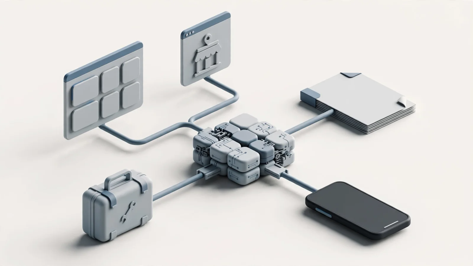 A clean editorial flow diagram showing one structured parts-and-service source branching into an interactive catalog, dealer portal, PDF manual, mobile app, and offline technician package, with no decorative text.