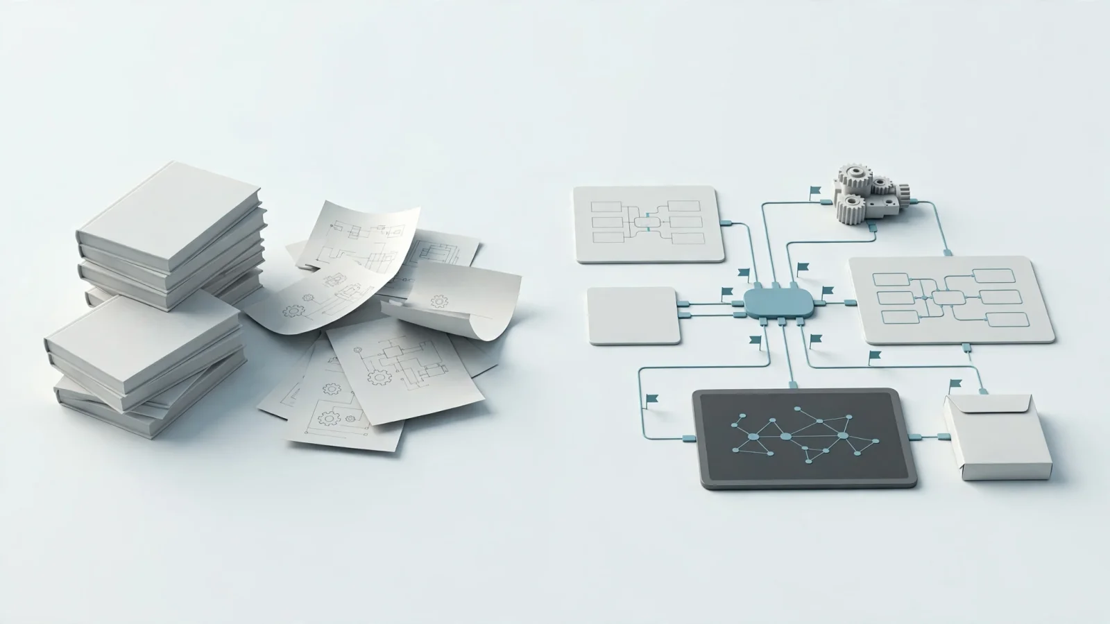 A split editorial scene contrasting disconnected stacks of manuals with a governed workspace linking parts, models, diagrams, and revisions, with no added text.