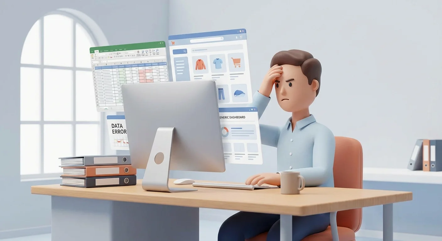A frustrated procurement manager reviewing complex spreadsheets and generic eCommerce dashboards on a computer screen.