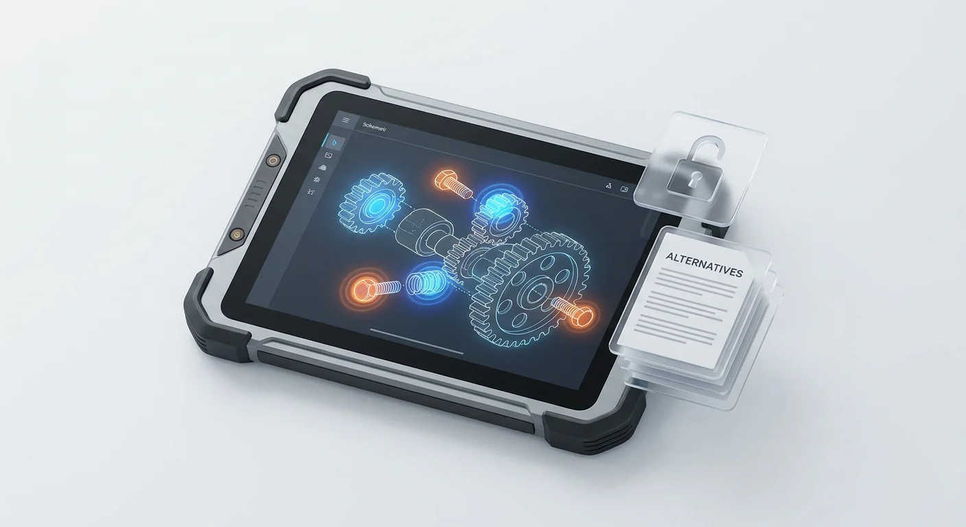A 3D mechanical schematic on an industrial tablet with glowing interactive hotspots highlighting individual spare parts.