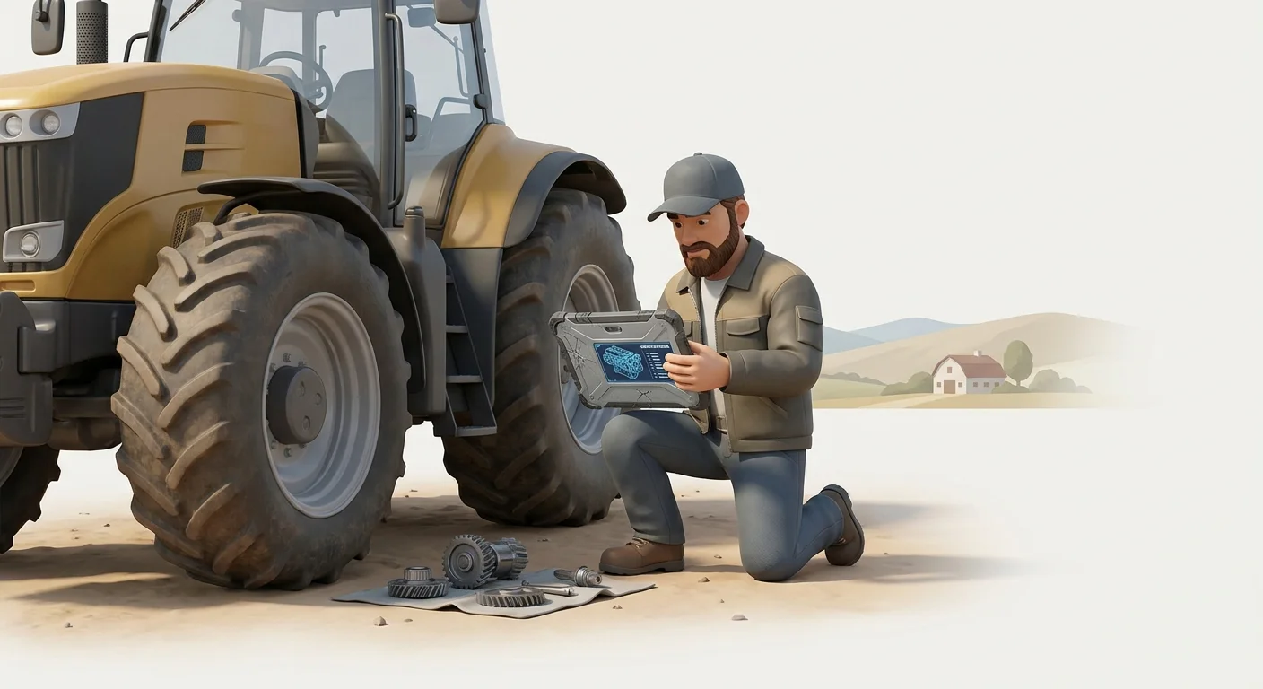 A field service technician in a remote agricultural setting using a rugged tablet completely offline to view heavy equipment schematics.