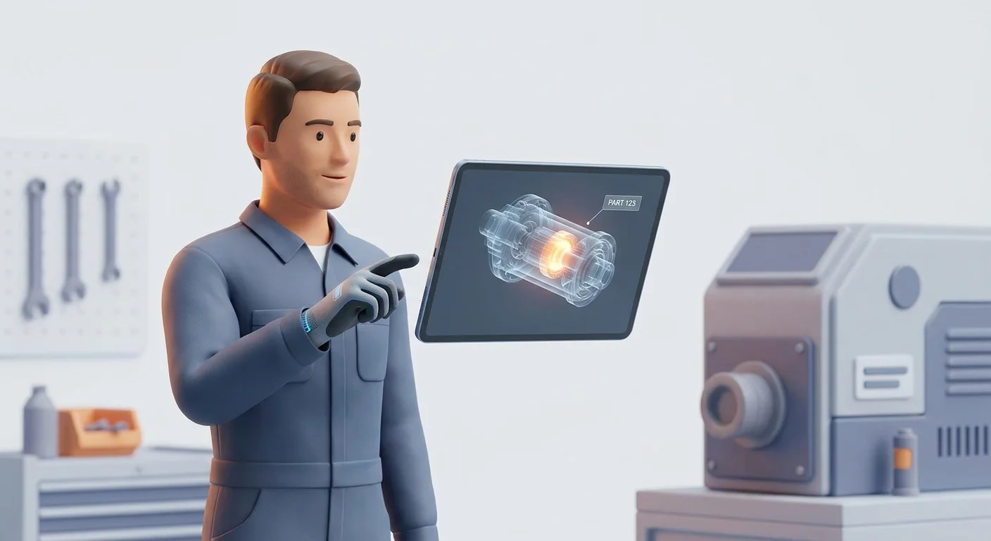 A field service technician in a repair bay pointing at a tablet displaying an interactive 3D equipment schematic.