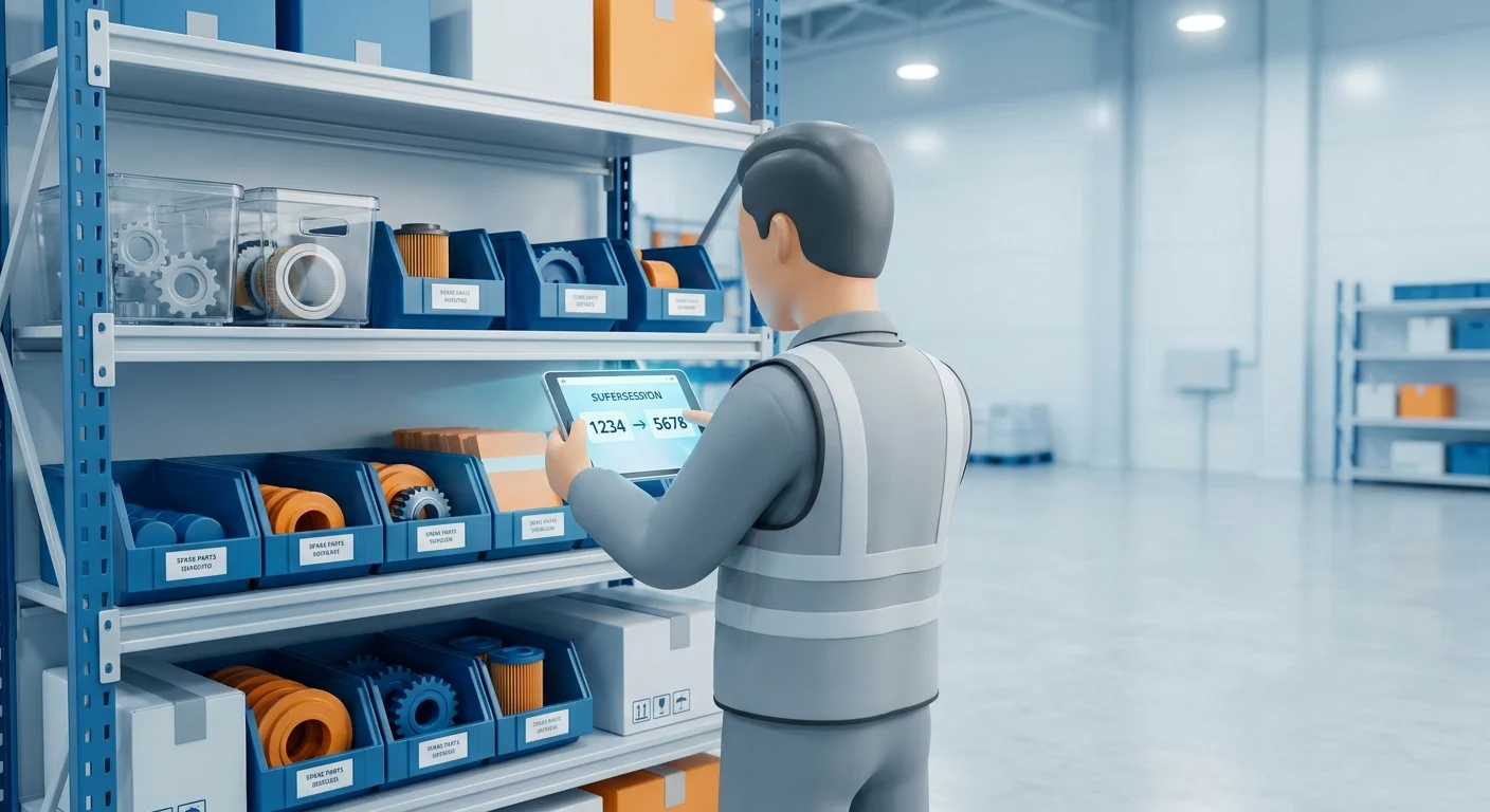 A warehouse worker scanning bins of spare parts with a mobile device in a modern, well-lit distribution center.