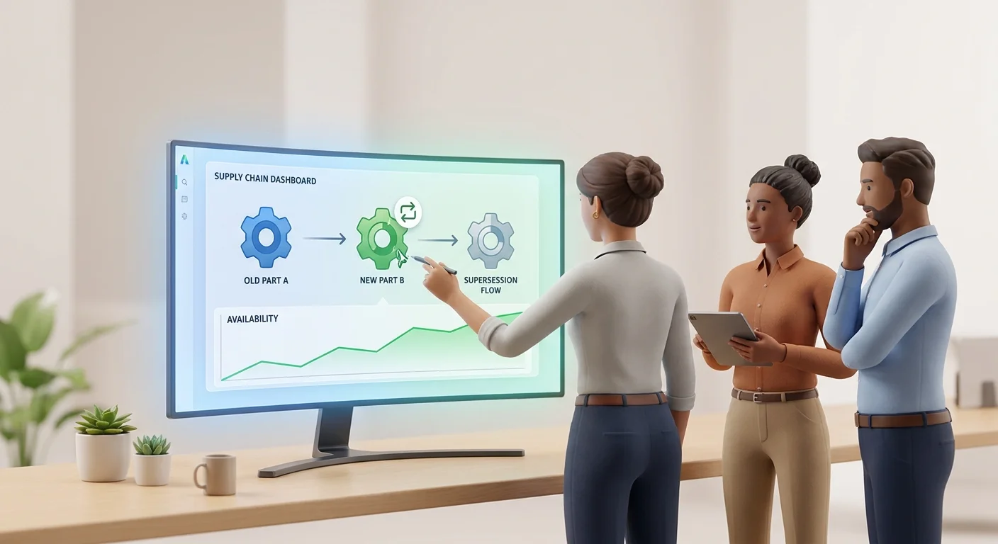 An engineering team reviewing dynamic supply chain dashboards on a large digital monitor.
