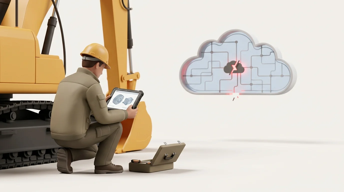 For the opening, show a field technician at a remote worksite using a tablet to identify a replacement part from a locally stored catalog while the disconnected ERP environment remains out of reach; request no text.