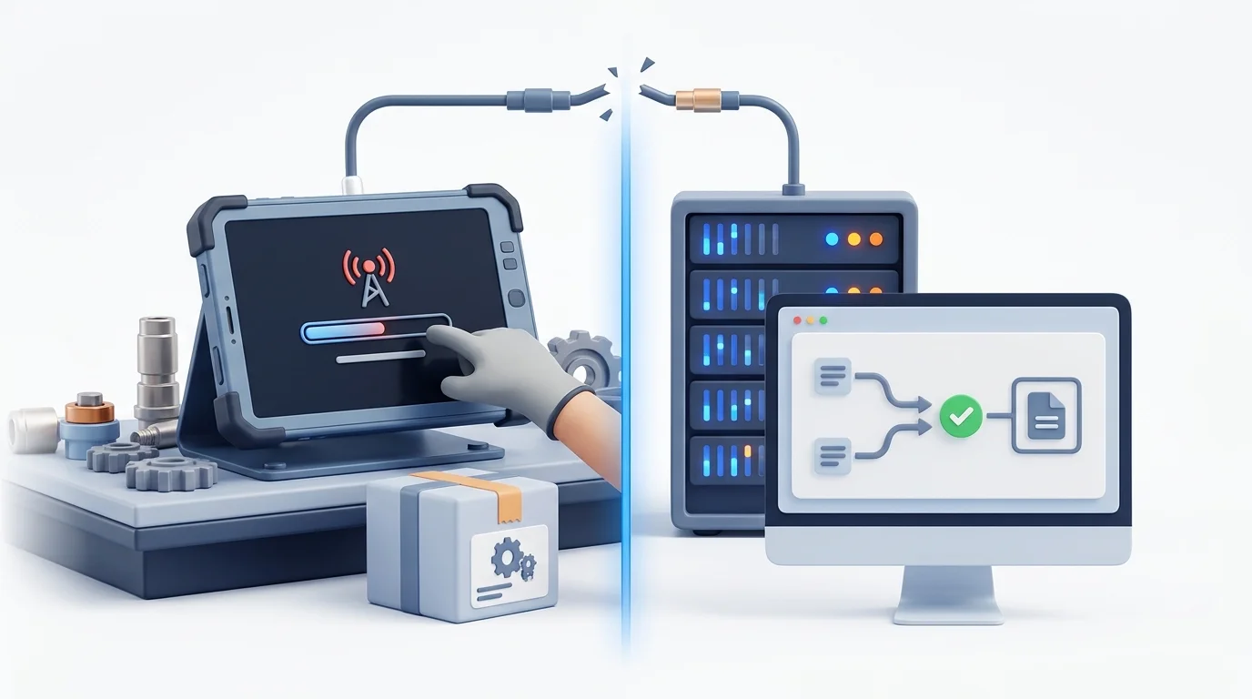 Show a split-screen failure scenario in which a connection drops after upload, the same order identity is retried, and the integration safely resolves both attempts to one ERP order; request no text.