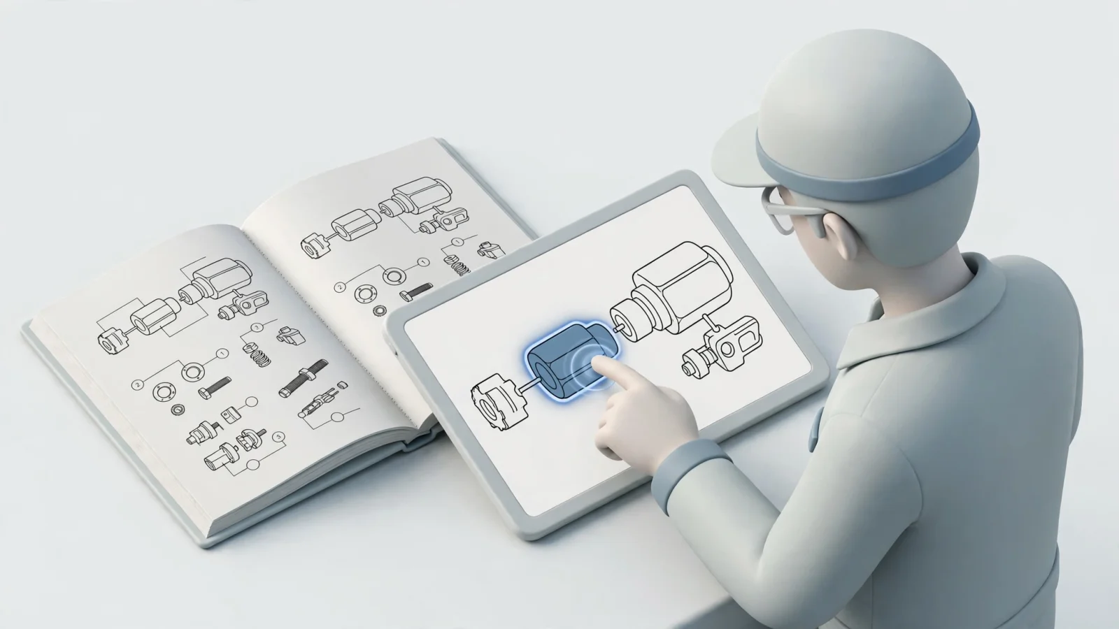 A field technician in a remote service bay taps a highlighted machine component on a tablet while a printed parts book sits beside it, making the difference between static and interactive publishing concrete; no text.