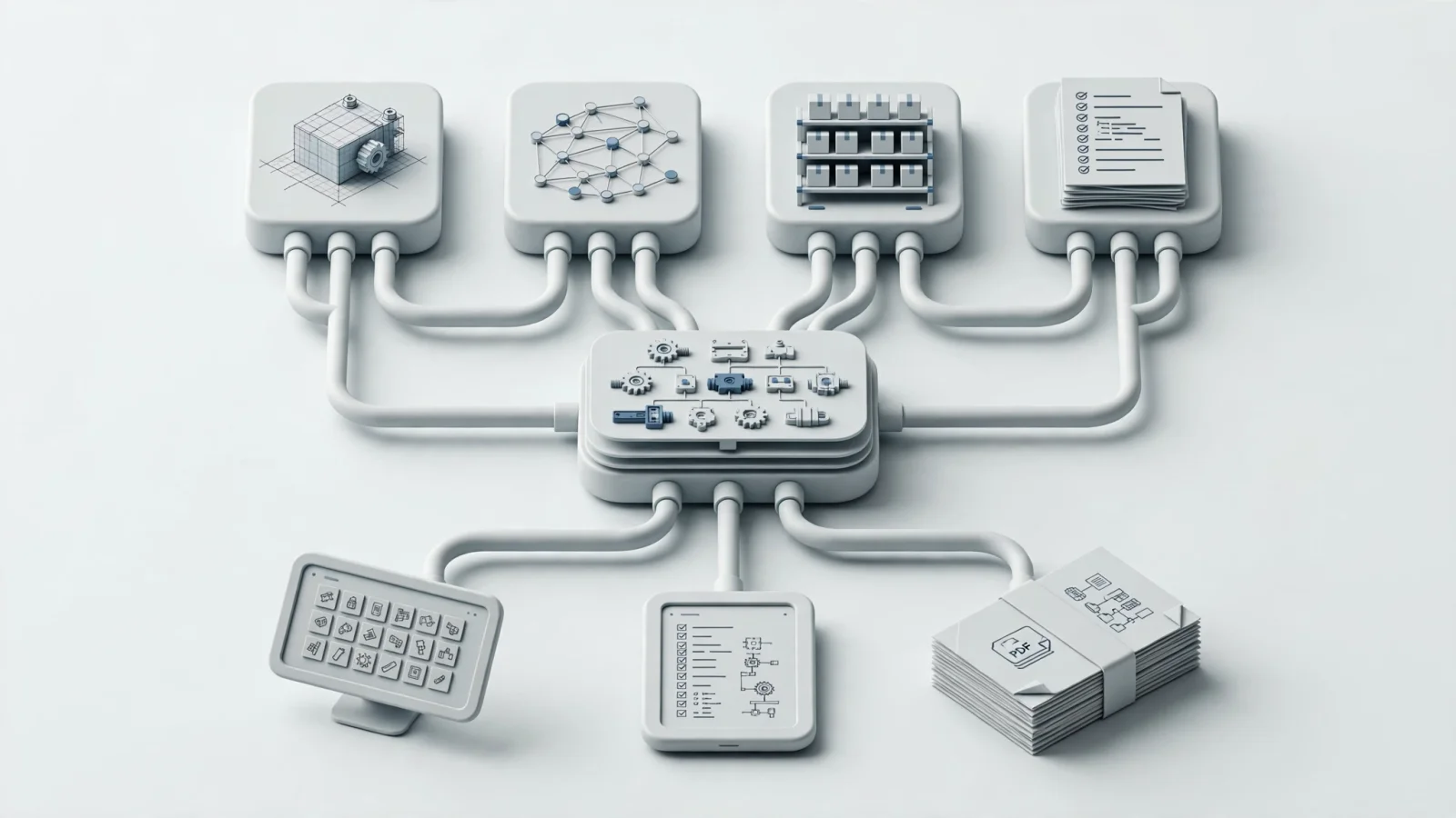 A clean editorial data-flow illustration shows CAD, PLM, ERP, and BOM inputs converging into one parts catalog and branching to a dealer portal, offline tablet, and branded PDF; use simple unlabeled shapes and no text.