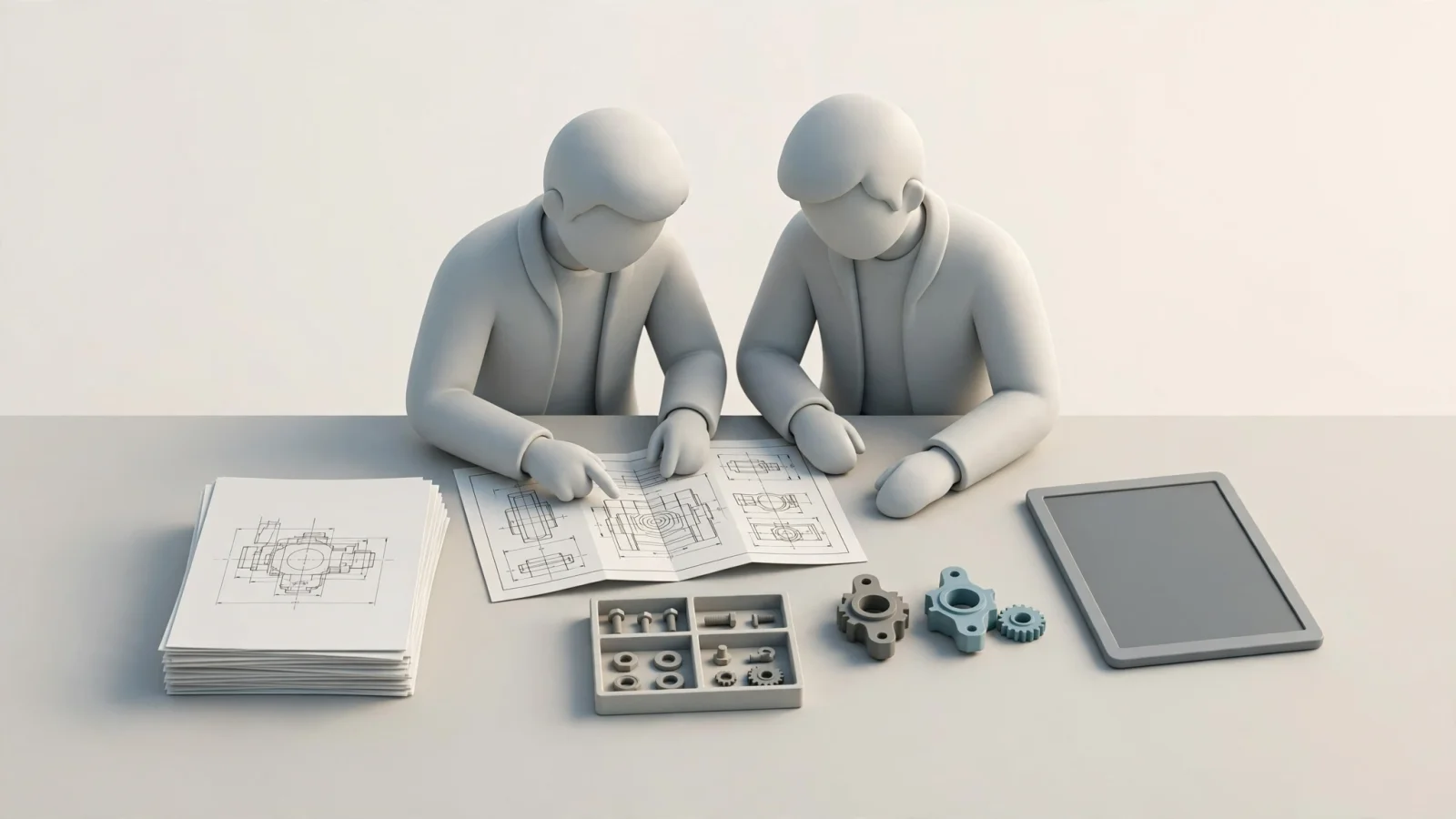 An OEM engineering and service team tests a real drawing and BOM during a vendor demonstration, with a superseded part, an offline tablet, and a generated PDF visible as separate work areas; no text.