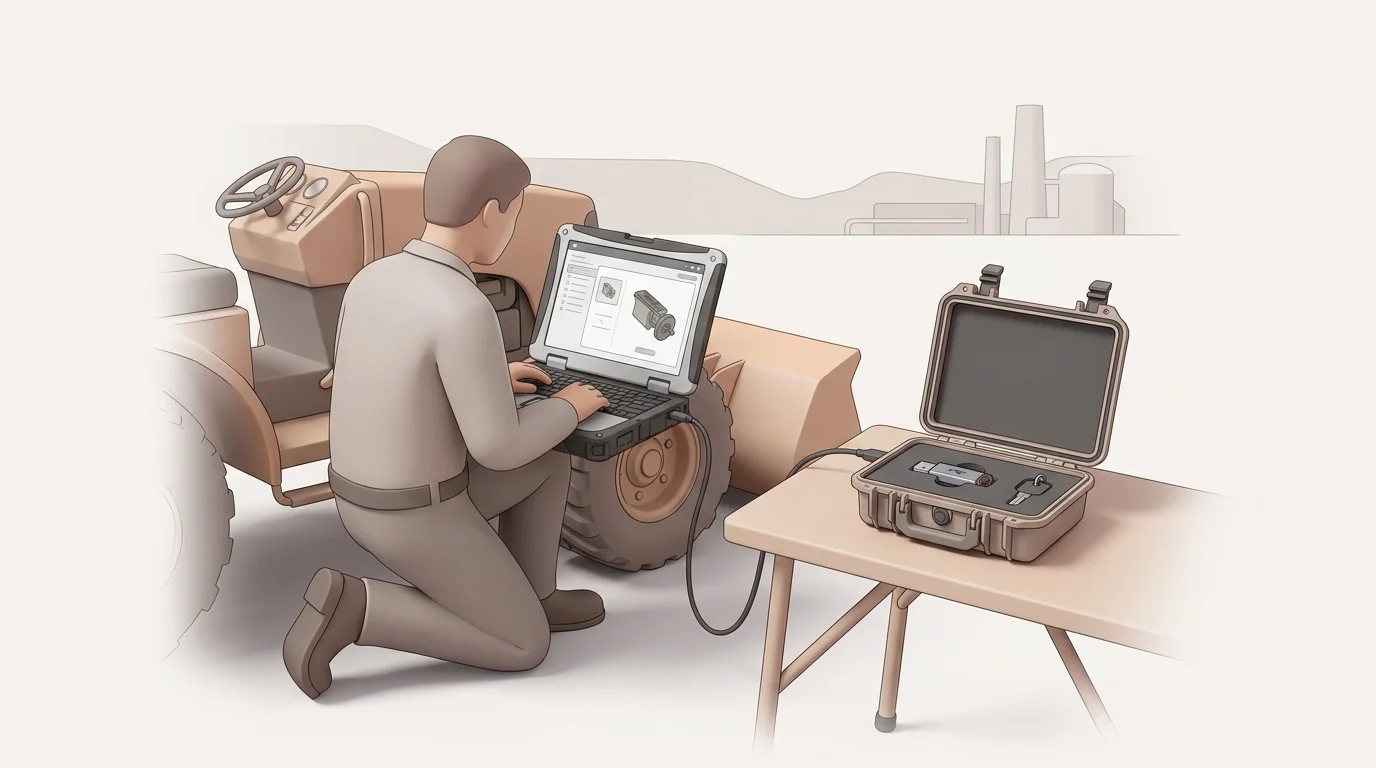 A field-service technician beside a remote piece of equipment uses a rugged laptop with a local parts catalog while an approved USB release case sits on the workbench, making the disconnected use case immediately clear; request no text.