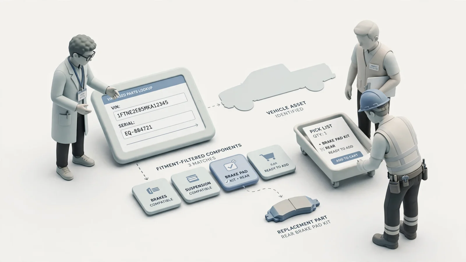 Opening illustration: An OEM data specialist, dealer parts-counter employee, and field technician use the same catalog as a vehicle VIN and equipment serial number lead to a highlighted replacement part.