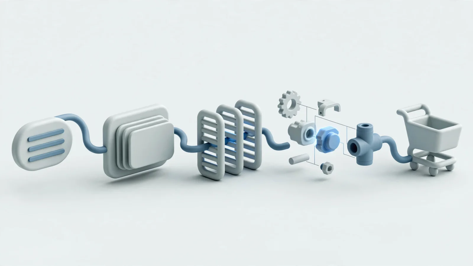 Workflow illustration: A clean, text-free process diagram shows an identifier moving through asset context, applicability rules, an interactive exploded view, a current service part, and an order cart.