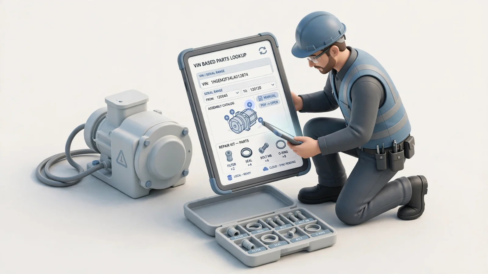 Field-service illustration: A technician beside a machine at a remote worksite uses a tablet with locally stored catalog content while a later synchronization connection is implied.